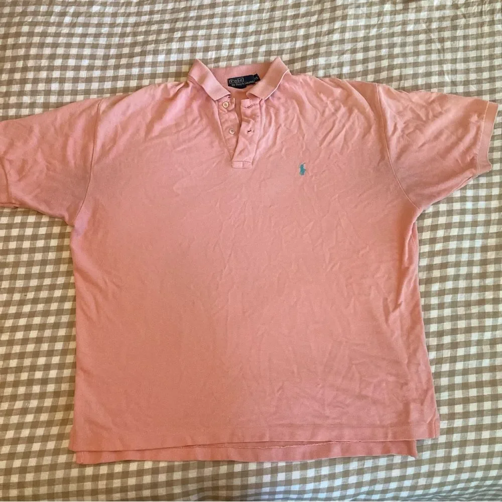 VTG Polo Ralph Lauren Men's XL Cotton Polo Shirt Pink with Turquoise Logo